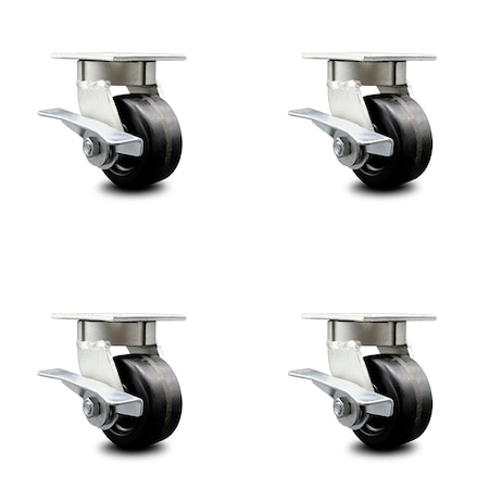 Service Caster 4 Inch Kingpinless Phenolic Wheel Swivel Caster Set with Brakes SCC-KP30S420-PHR-SLB-4